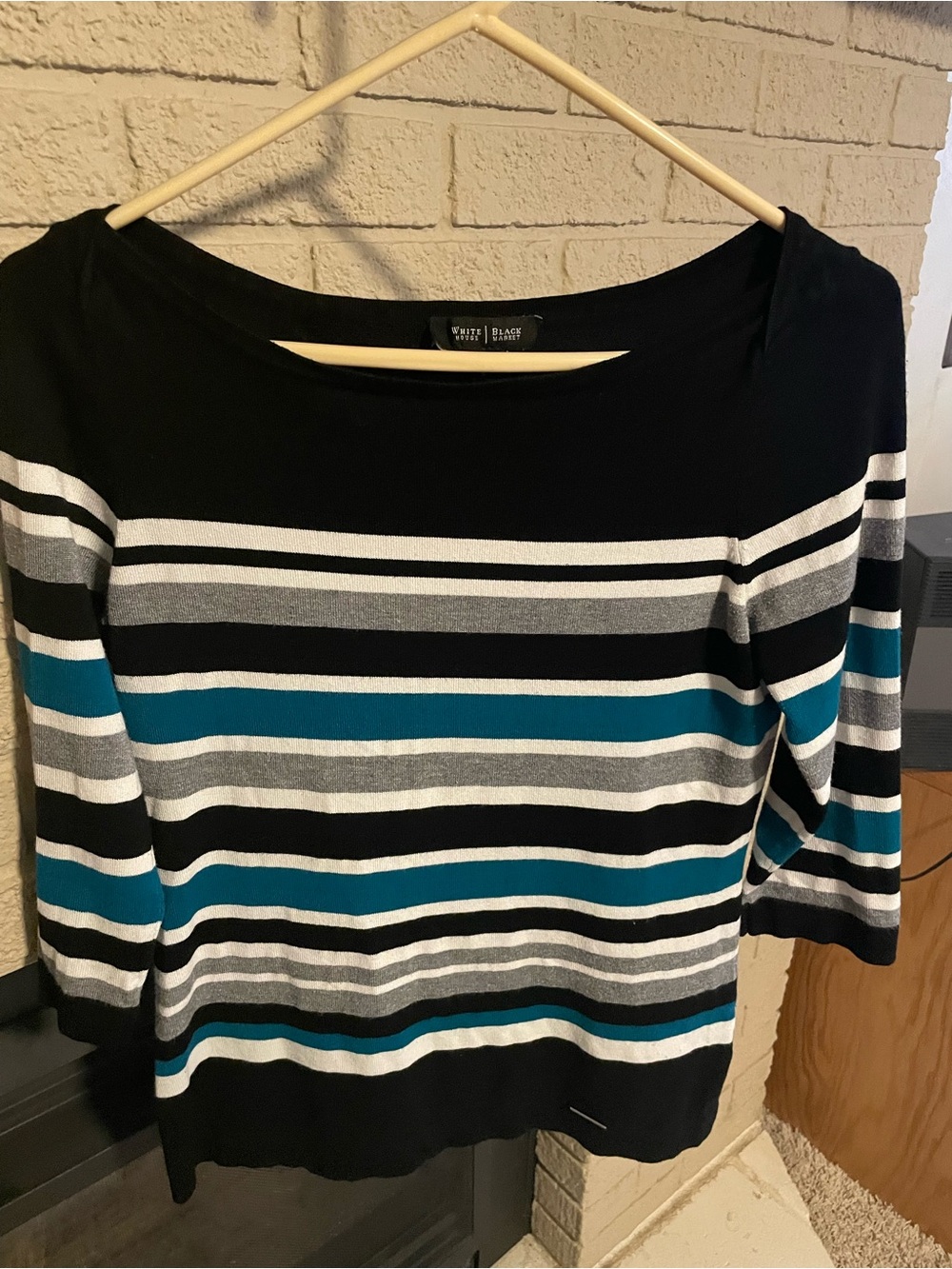 WHBM Striped Boatneck Women’s Top in Black, Teal & Gray
